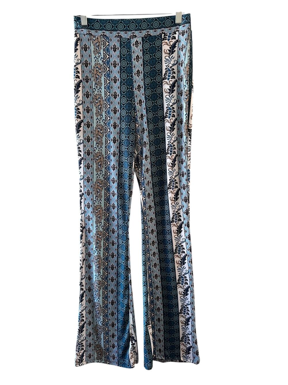 Iris Blue Multi Paisley Floral Bell Bottom Leggings Women Sz S